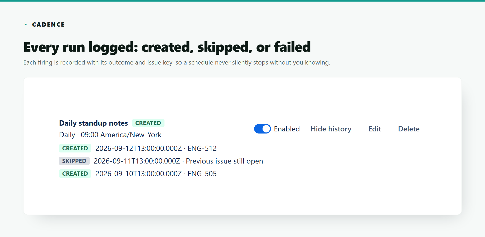 Cadence's per-schedule run history — each firing recorded as created (with its issue key), skipped (previous issue still open), or failed, so a recurring schedule never silently stops without you knowing.