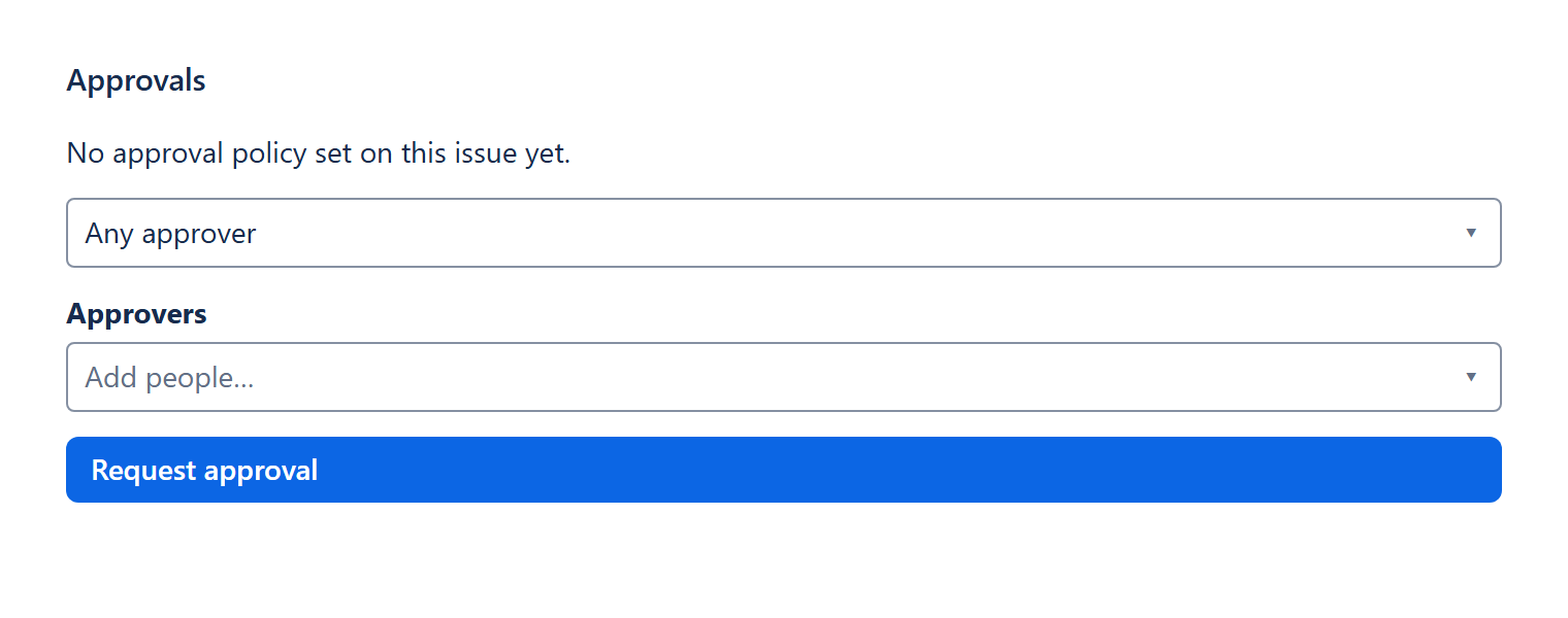 Signet's request-approval form on a Jira issue — choose whether the issue needs any one, a quorum, or all approvers to agree, pick the approvers by name, and request sign-off in seconds. Single- and multi-approver policies are both free.